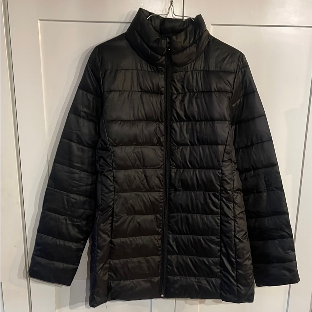 Black Quilted Puffer Jacket with Stand-Up Collar